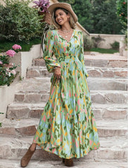 Elegant Bohemian Cashew Print Smocking Waist Holiday Dress Green