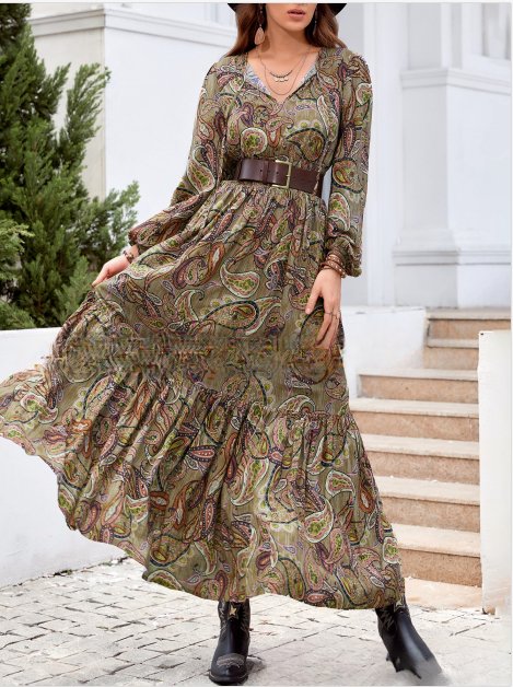 Elegant Bohemian Cashew Print Smocking Waist Holiday Dress Green