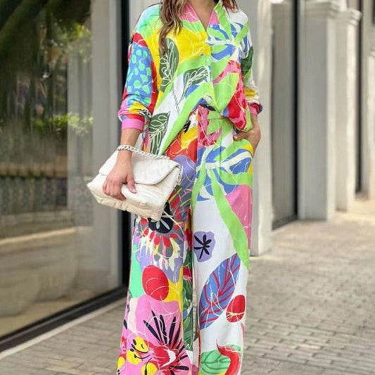 Elegant Floral Print Long Sleeve Women's Set Bright Print Shirt Outfit