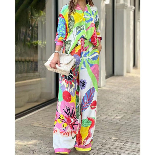 Elegant Floral Print Long Sleeve Women's Set Bright Print Shirt Outfit