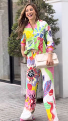 Elegant Floral Print Long Sleeve Women's Set Bright Print Shirt Outfit