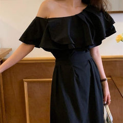 Elegant Lady Oblique Shoulder Ruffles Dress for Women Black