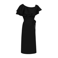 Elegant Lady Oblique Shoulder Ruffles Dress for Women Black