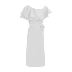 Elegant Lady Oblique Shoulder Ruffles Dress for Women White