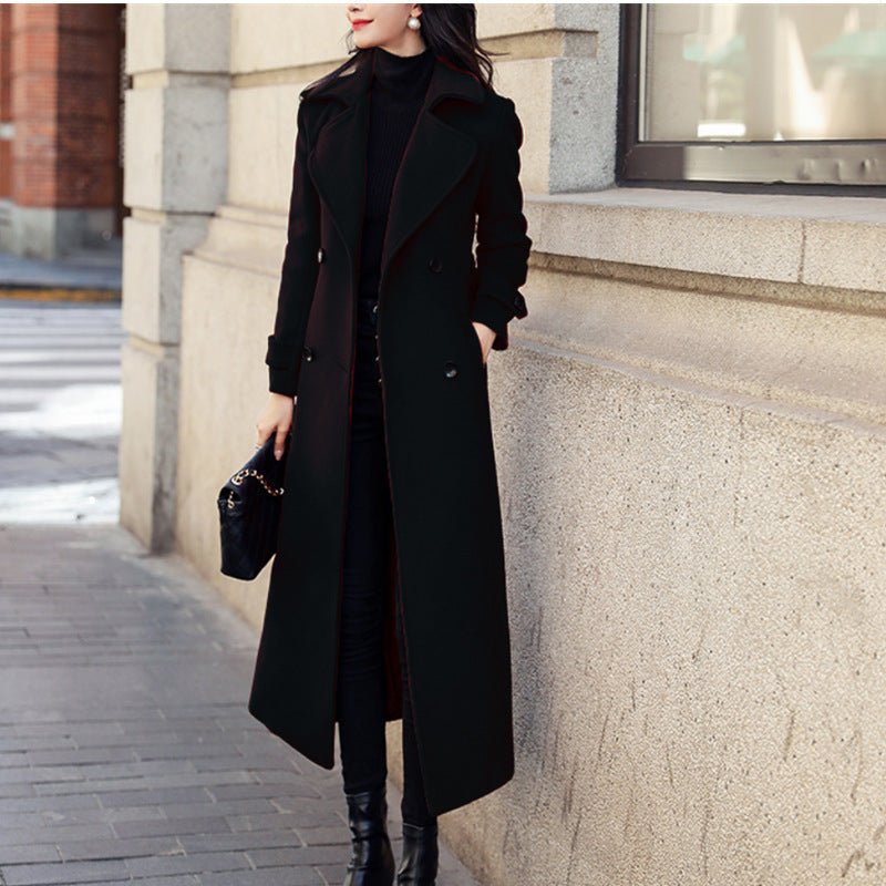 Elegant Long line Woolen Extended Suit Collar Trench Coat Black