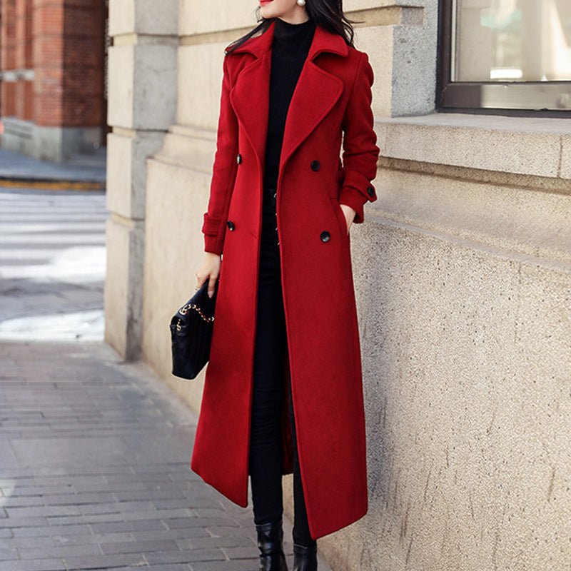 Elegant Long line Woolen Extended Suit Collar Trench Coat Red