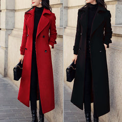 Elegant Long line Woolen Extended Suit Collar Trench Coat Black