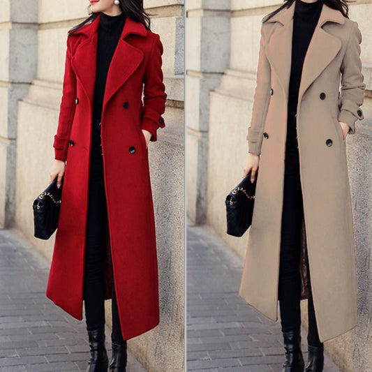 Elegant Long line Woolen Extended Suit Collar Trench Coat Black