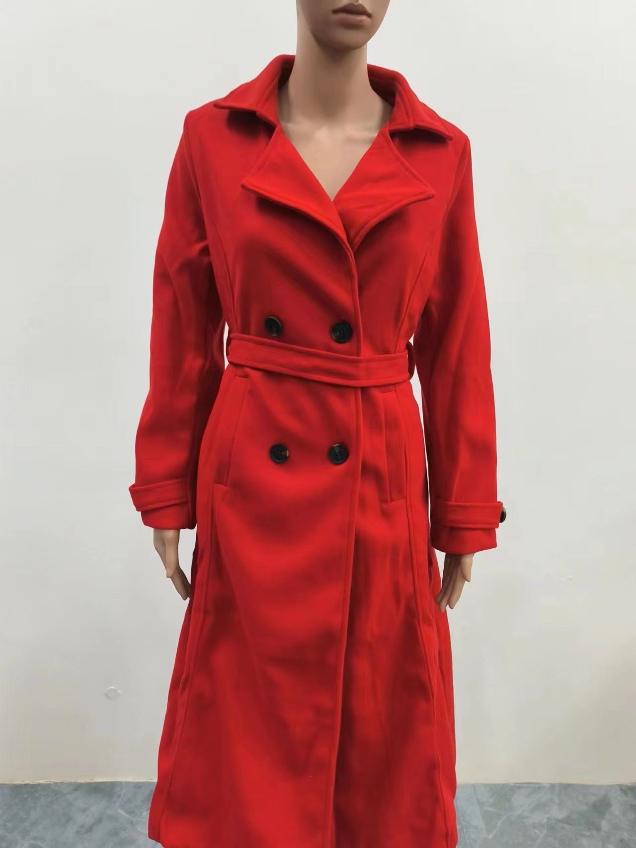 Elegant Long line Woolen Extended Suit Collar Trench Coat Red