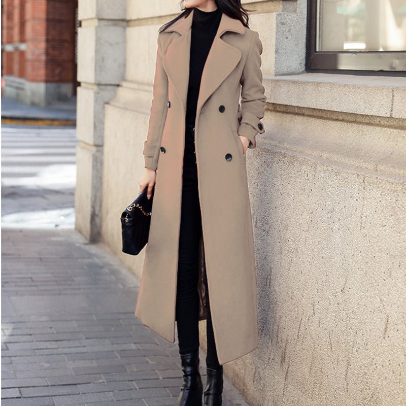 Elegant Long line Woolen Extended Suit Collar Trench Coat Khaki