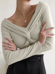 Elegant Off - the - Shoulder Slim Fit Sweater Khaki