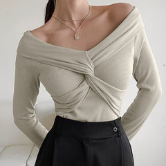 Elegant Off - the - Shoulder Slim Fit Sweater Khaki