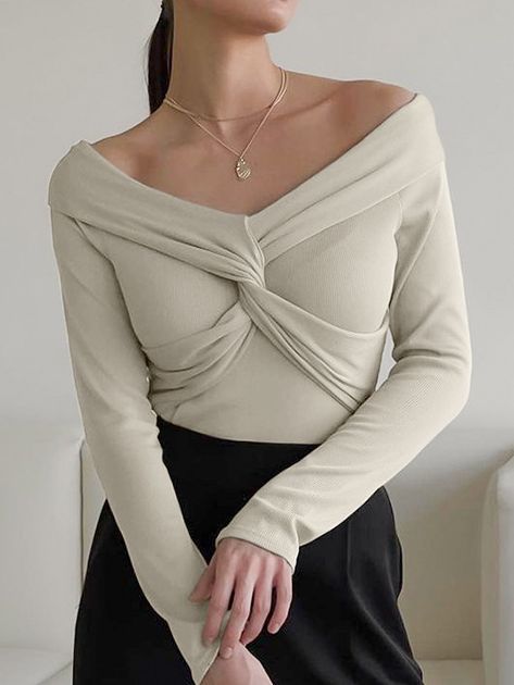 Elegant Off - the - Shoulder Slim Fit Sweater Khaki