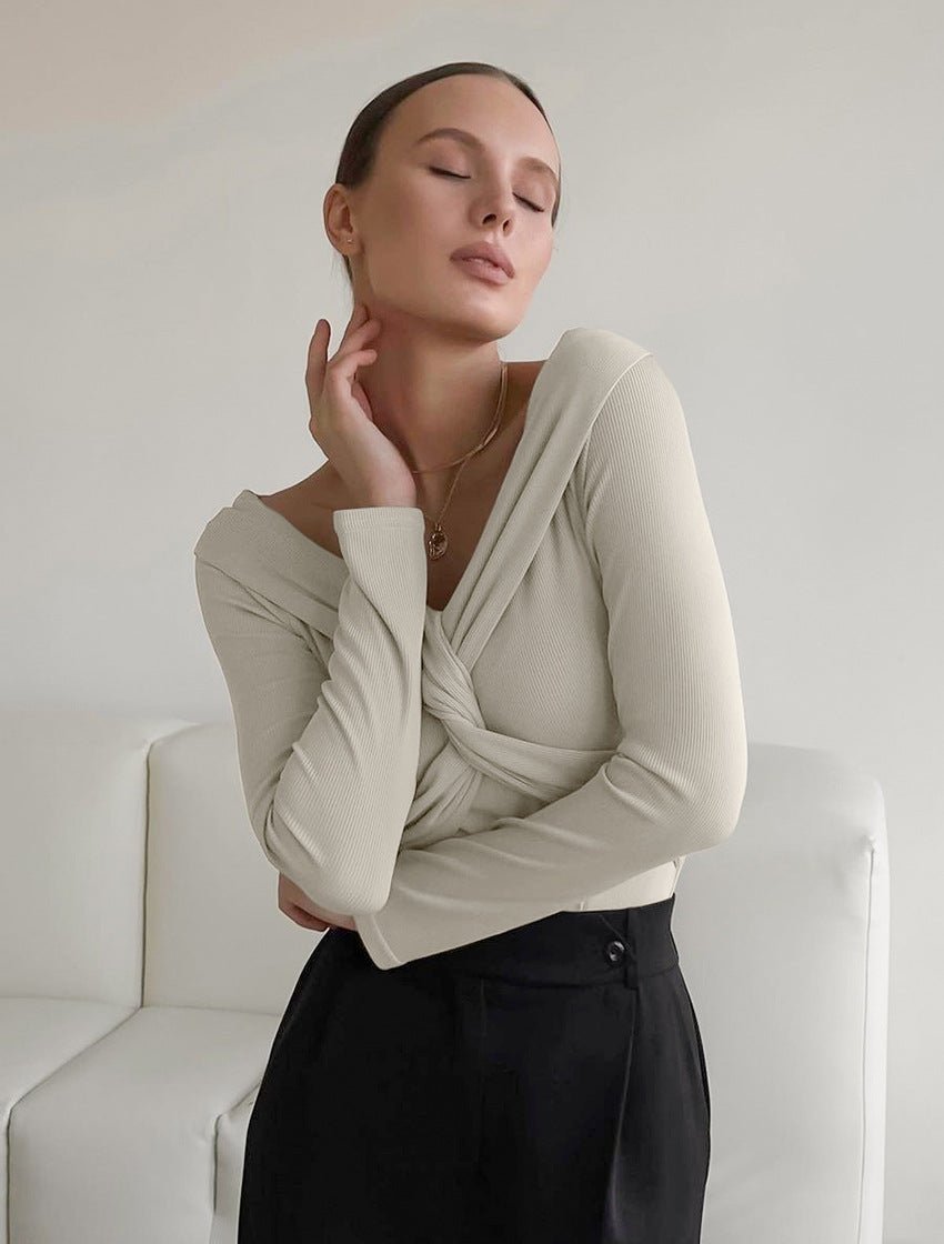 Elegant Off - the - Shoulder Slim Fit Sweater Khaki