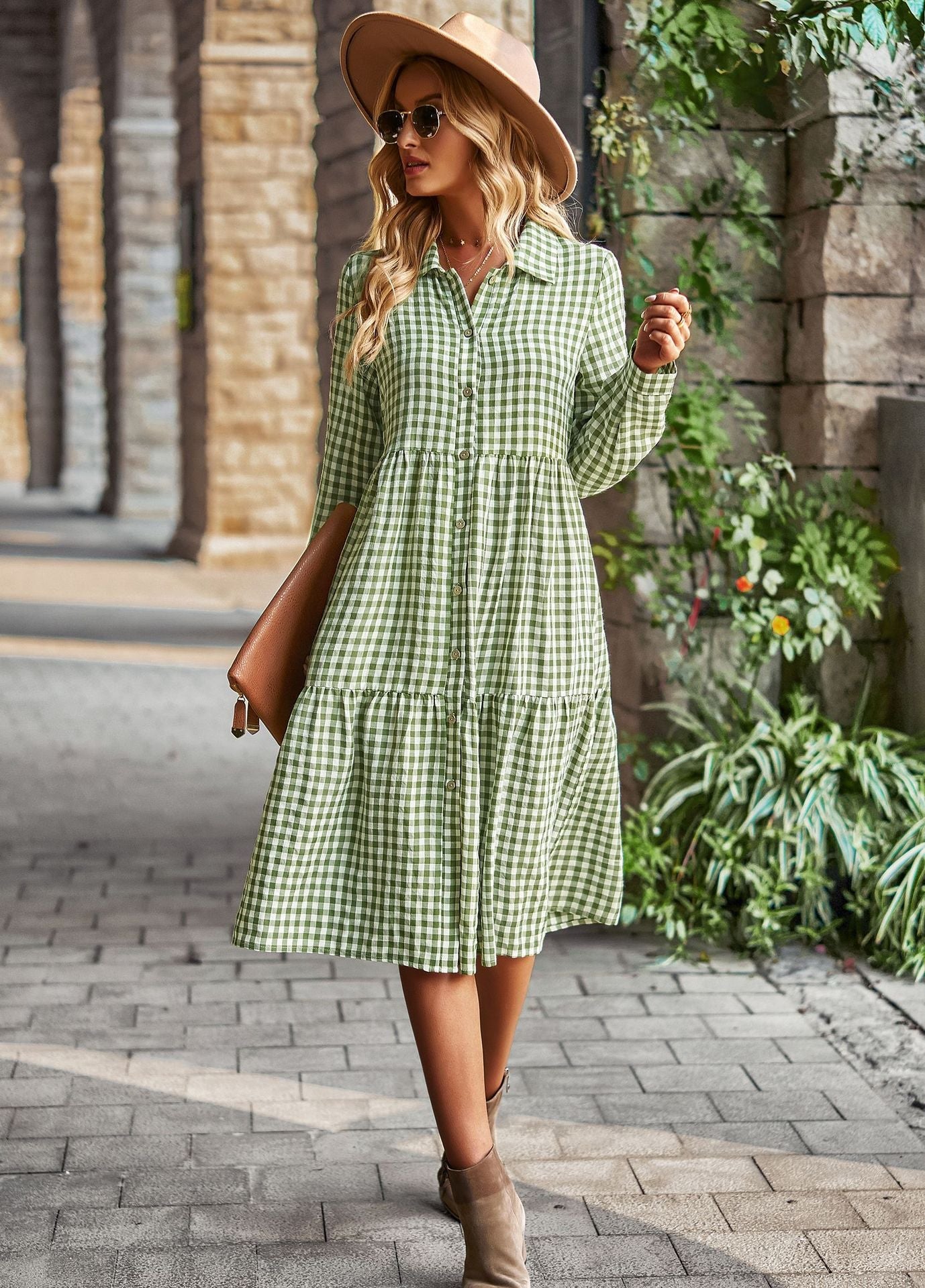 Elegant Plaid Flounced Hem Long Sleeve Dress Fruit Green