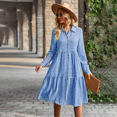 Elegant Plaid Flounced Hem Long Sleeve Dress Dark Blue