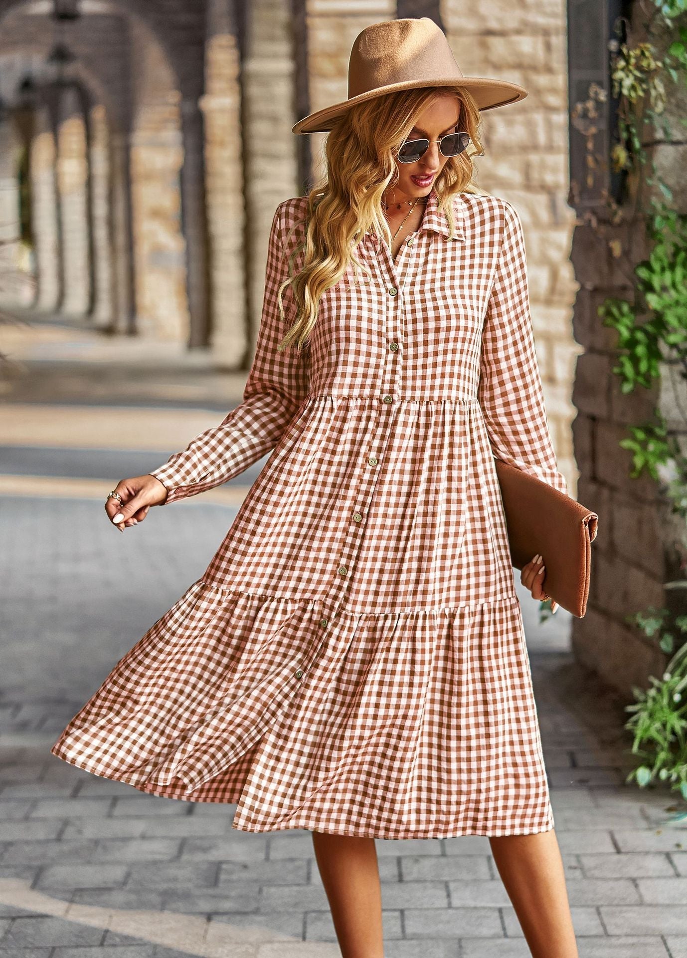 Elegant Plaid Flounced Hem Long Sleeve Dress Orange