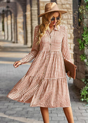 Elegant Plaid Flounced Hem Long Sleeve Dress Orange