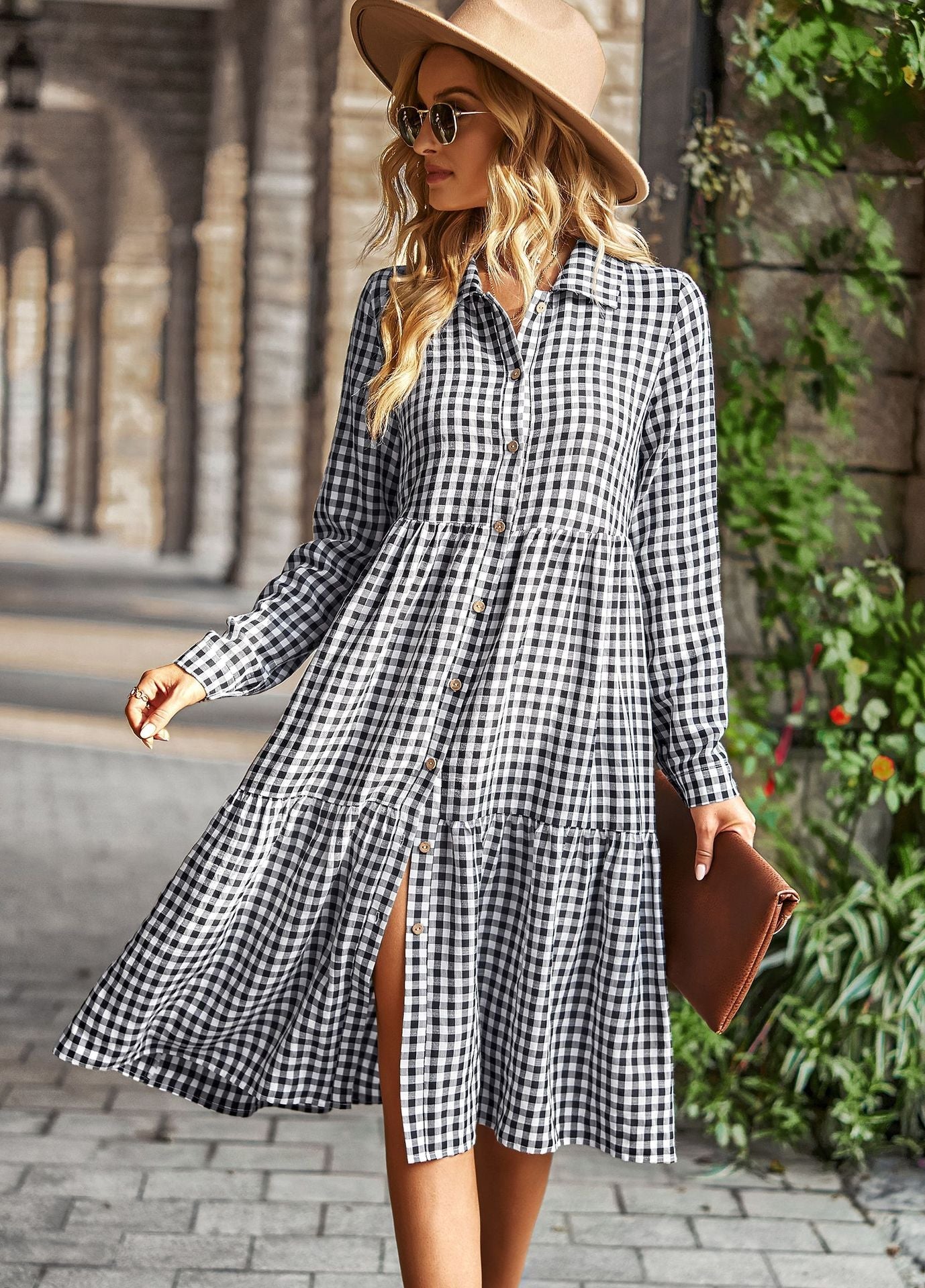 Elegant Plaid Flounced Hem Long Sleeve Dress Black