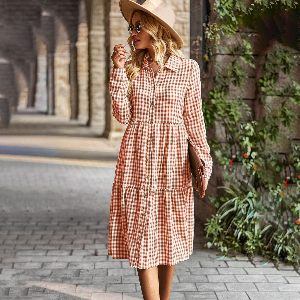 Elegant Plaid Flounced Hem Long Sleeve Dress Black