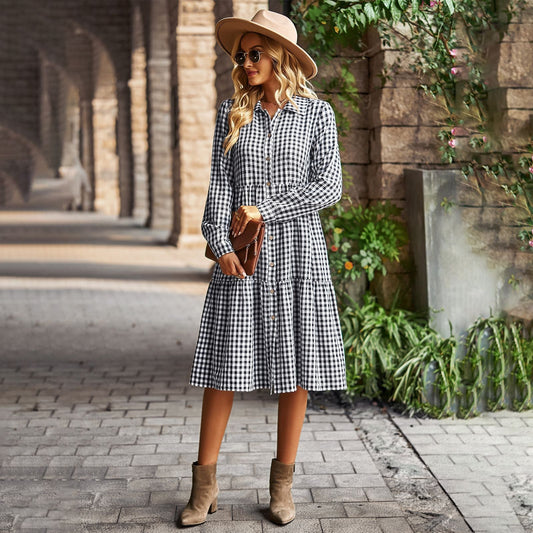 Elegant Plaid Flounced Hem Long Sleeve Dress Black