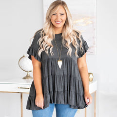 Elegant Ruffles Pleated Pullover T - shirt Gray