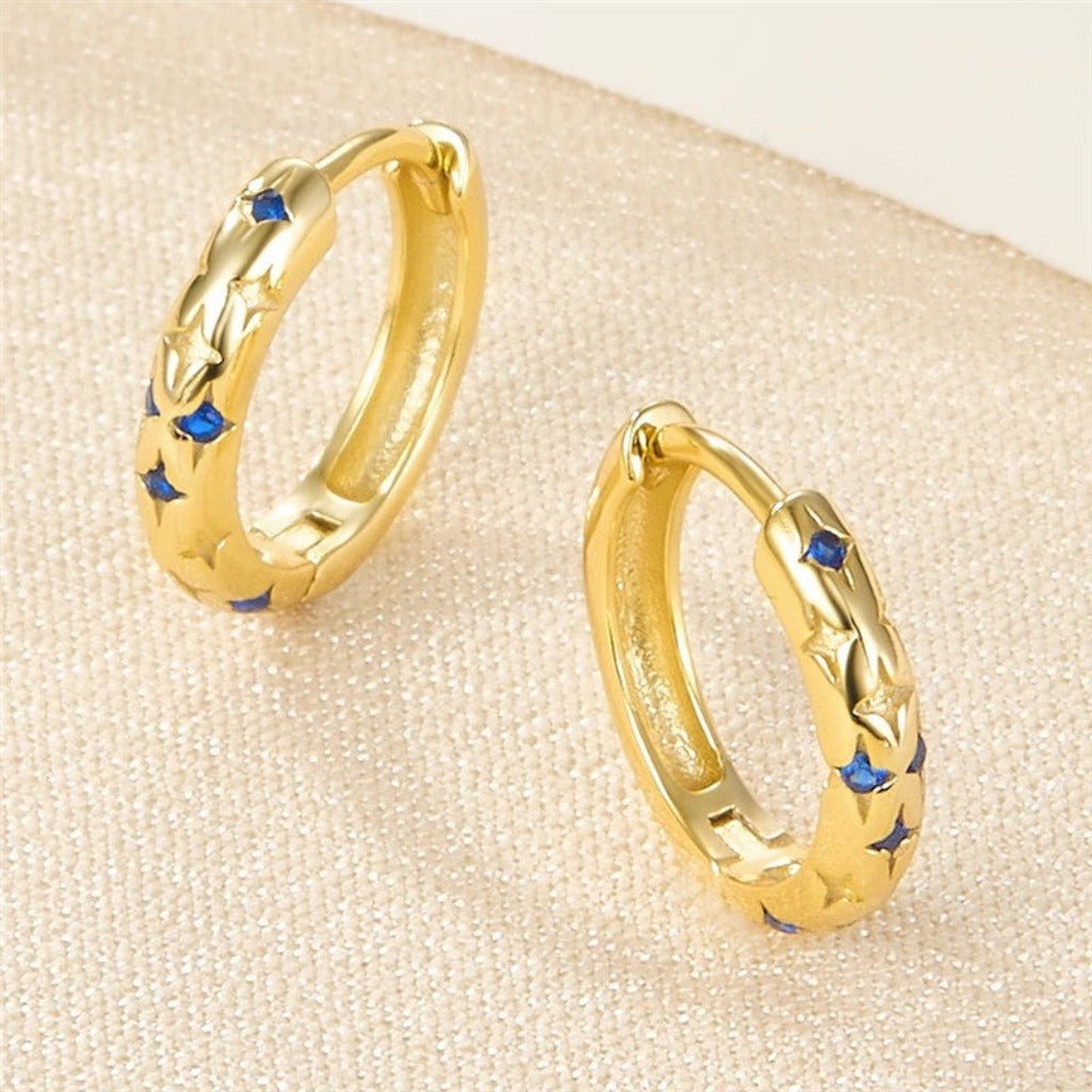 Elegant Star Copper Earrings with Creative Diamond Embedding for Women Golden Blue Diamond