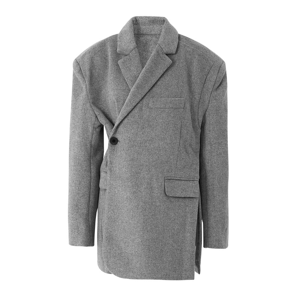 Elegant Suit Jacket Loose Fit Slit Mid - length Over - sized Woolen Coat Gray