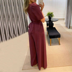 Elegant V - neck Lace - up Puff Sleeve Jumpsuit S