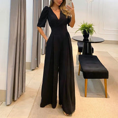 Elegant V - neck Lace - up Puff Sleeve Jumpsuit S