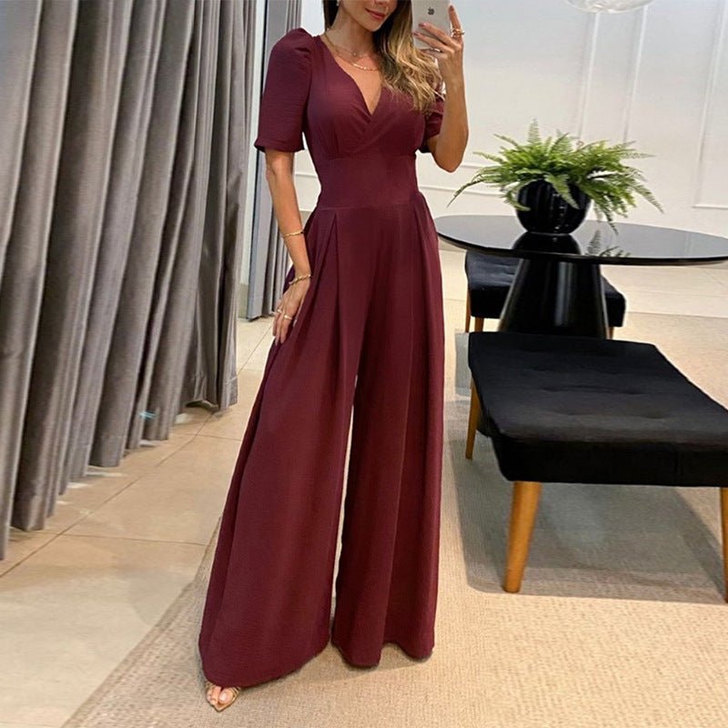 Elegant V - neck Lace - up Puff Sleeve Jumpsuit S