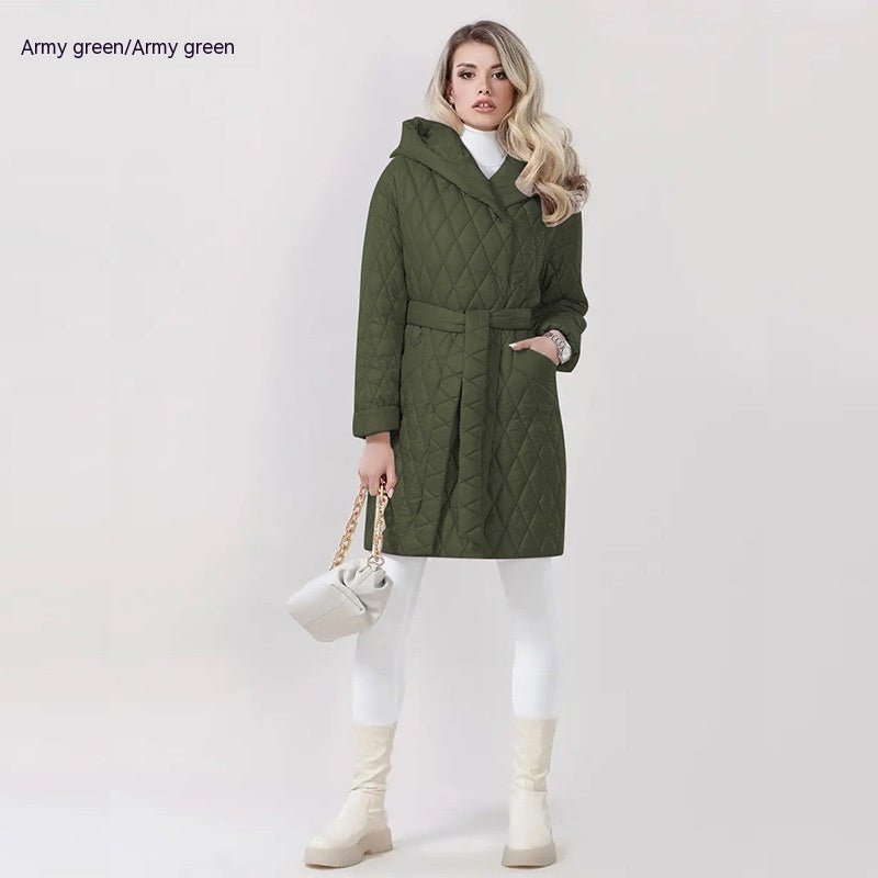 Elegant Winter Woman Cotton Dress Coat Solid Color Hooded Warm Jacket Army Green