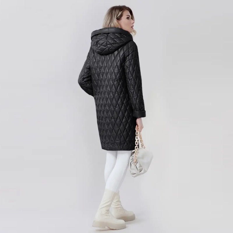 Elegant Winter Woman Cotton Dress Coat Solid Color Hooded Warm Jacket Greyish Black