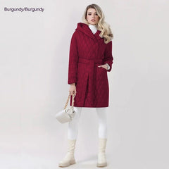 Elegant Winter Woman Cotton Dress Coat Solid Color Hooded Warm Jacket Wine Red