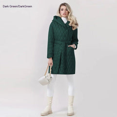 Elegant Winter Woman Cotton Dress Coat Solid Color Hooded Warm Jacket Dark Green