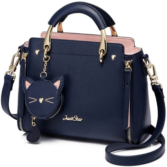 Embroidered Cat Lady Handbag with Clutch Black