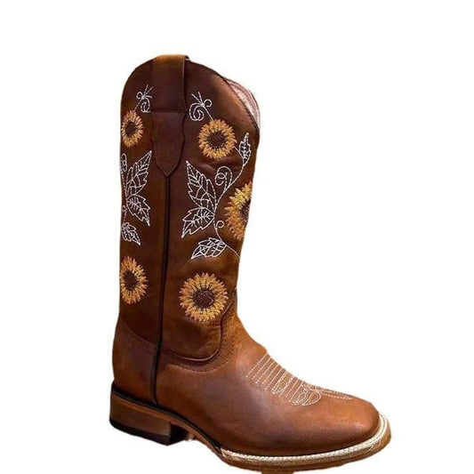 Embroidered sunflower figure fashion Martin boots Coffee