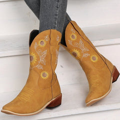 Embroidered sunflower figure fashion Martin boots Brown