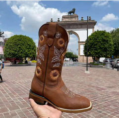 Embroidered sunflower figure fashion Martin boots Coffee