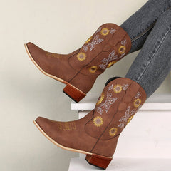 Embroidered sunflower figure fashion Martin boots Khaki