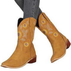 Embroidered sunflower figure fashion Martin boots Coffee