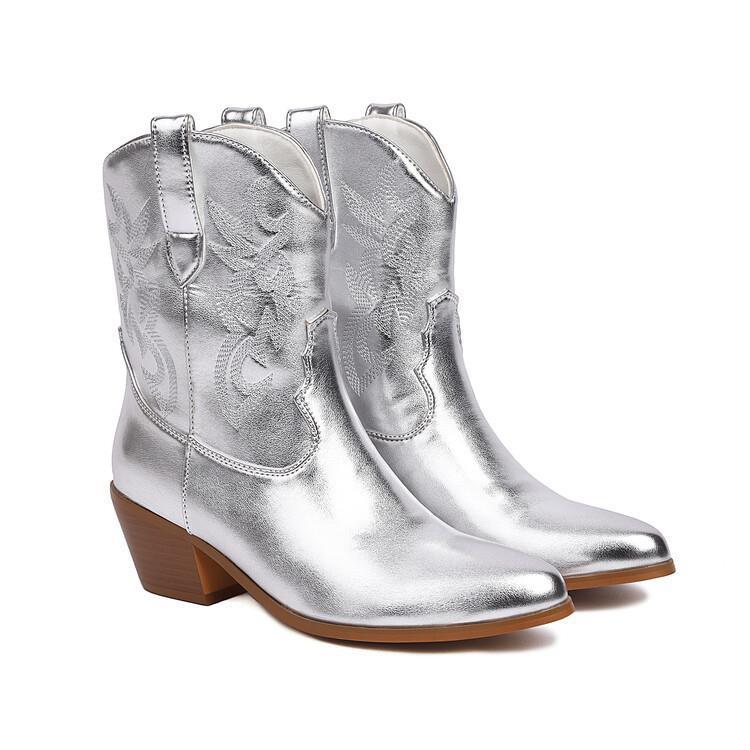 Embroidery Knee - high Boots Pointed Mid - calf Silver