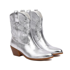 Embroidery Knee - high Boots Pointed Mid - calf Silver