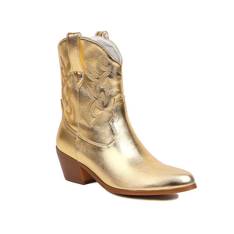 Embroidery Knee - high Boots Pointed Mid - calf Gold