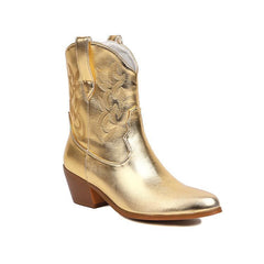Embroidery Knee - high Boots Pointed Mid - calf Gold