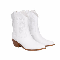 Embroidery Knee - high Boots Pointed Mid - calf White