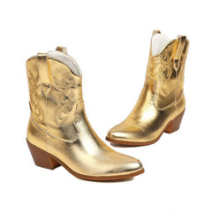 Embroidery Knee - high Boots Pointed Mid - calf Gold