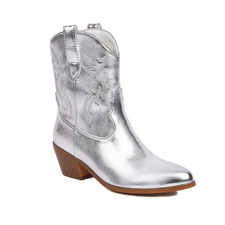 Embroidery Knee - high Boots Pointed Mid - calf Gold