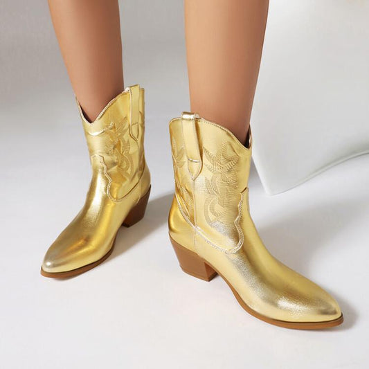 Embroidery Knee - high Boots Pointed Mid - calf Gold