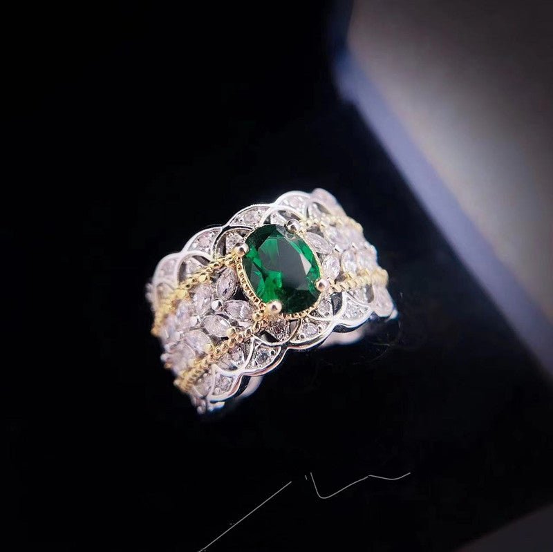 Emerald Big Diamond Open - end Zircon Ring with Hollow Out Design Silver